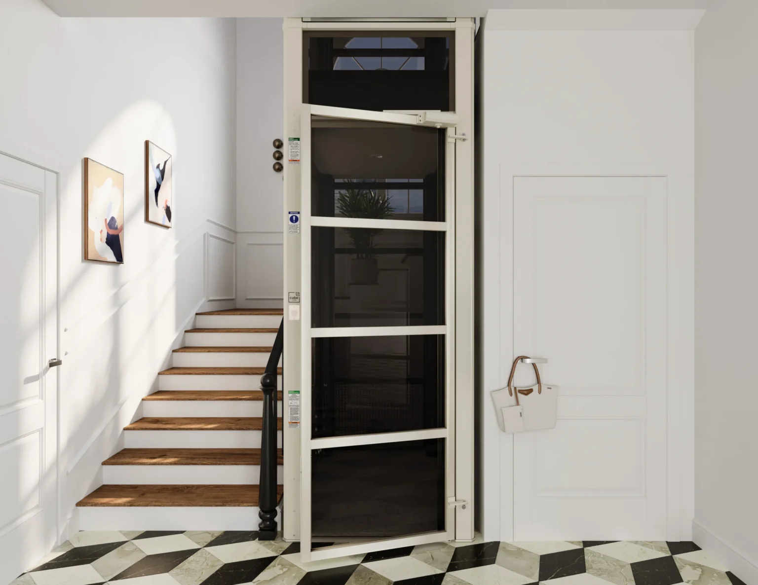Beige home elevator with open door installed beside a staircase in an entryway
