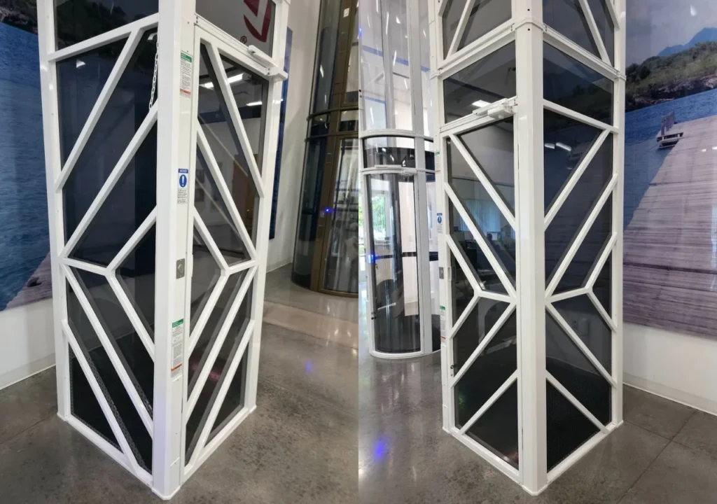 Cube home elevator with Designer Series Diamond Package shaft panels in a showroom