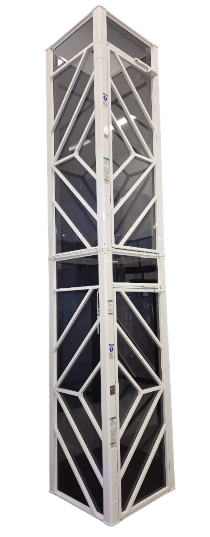 The Cube home elevator with Designer Series Diamond Package shaft panels in white
