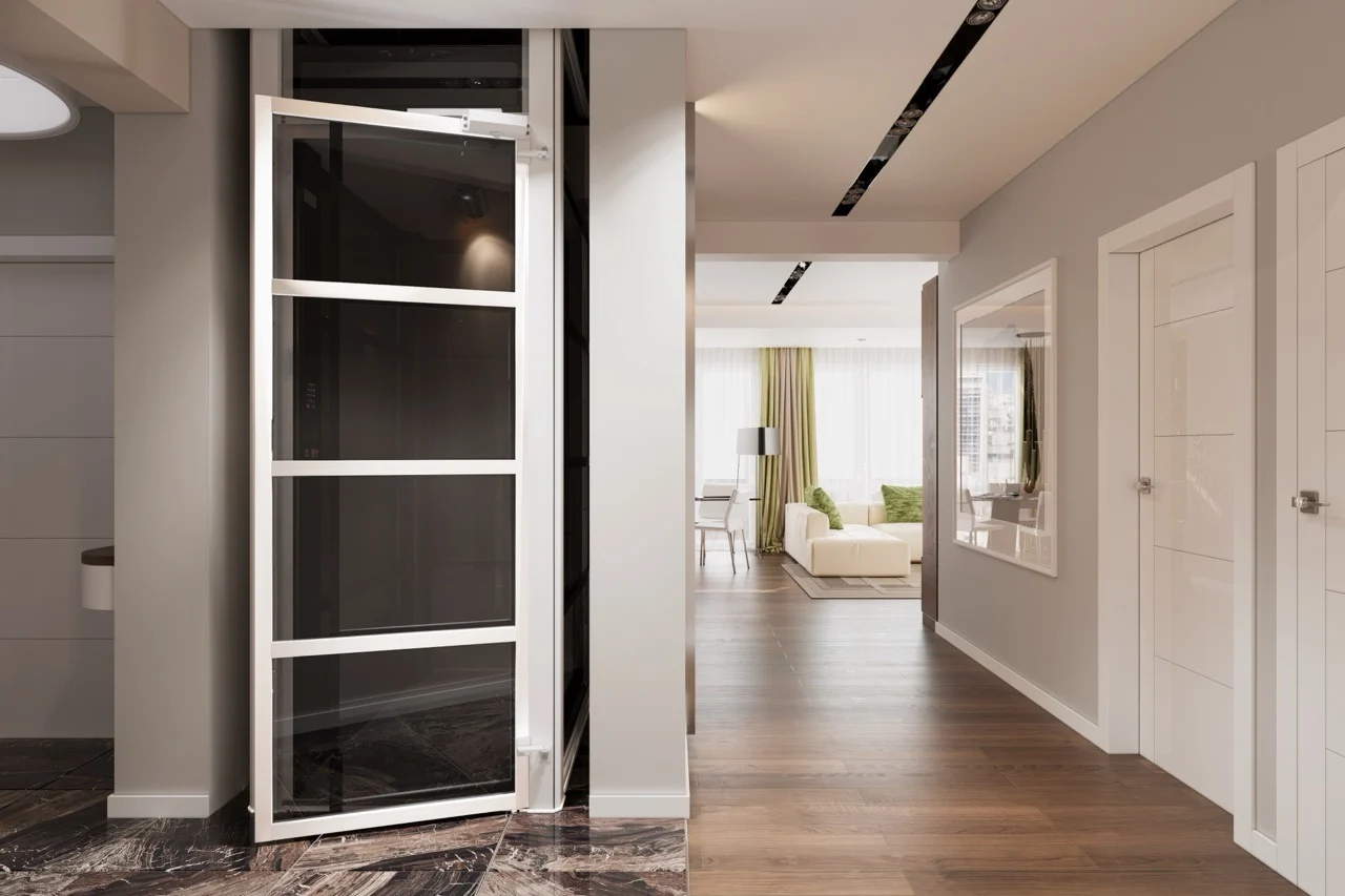 Home elevator with glass door installed in a hallway, custom built to fit the home's layout