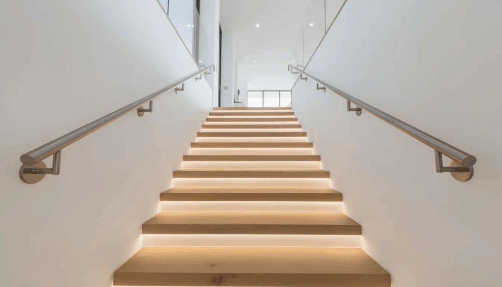 staircase with LED strip lighting and handrails for senior safety
