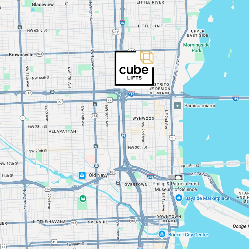 Map of Miami showing the Cube Lifts location near Wynwood and Design District