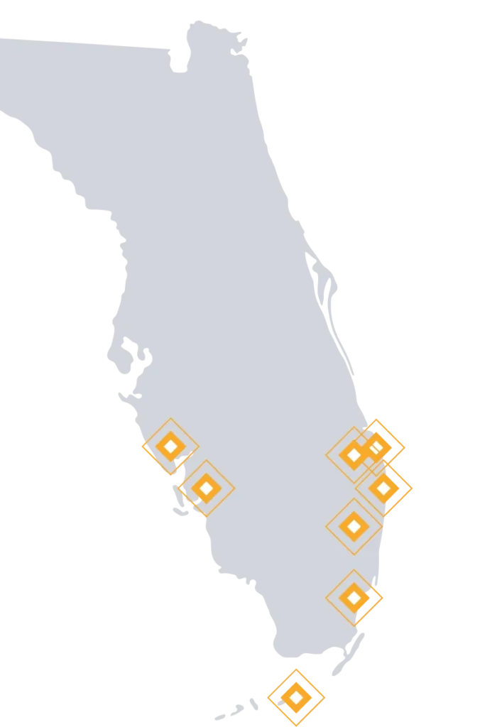 Map of Florida with markers showing Cube Lifts home elevator service locations