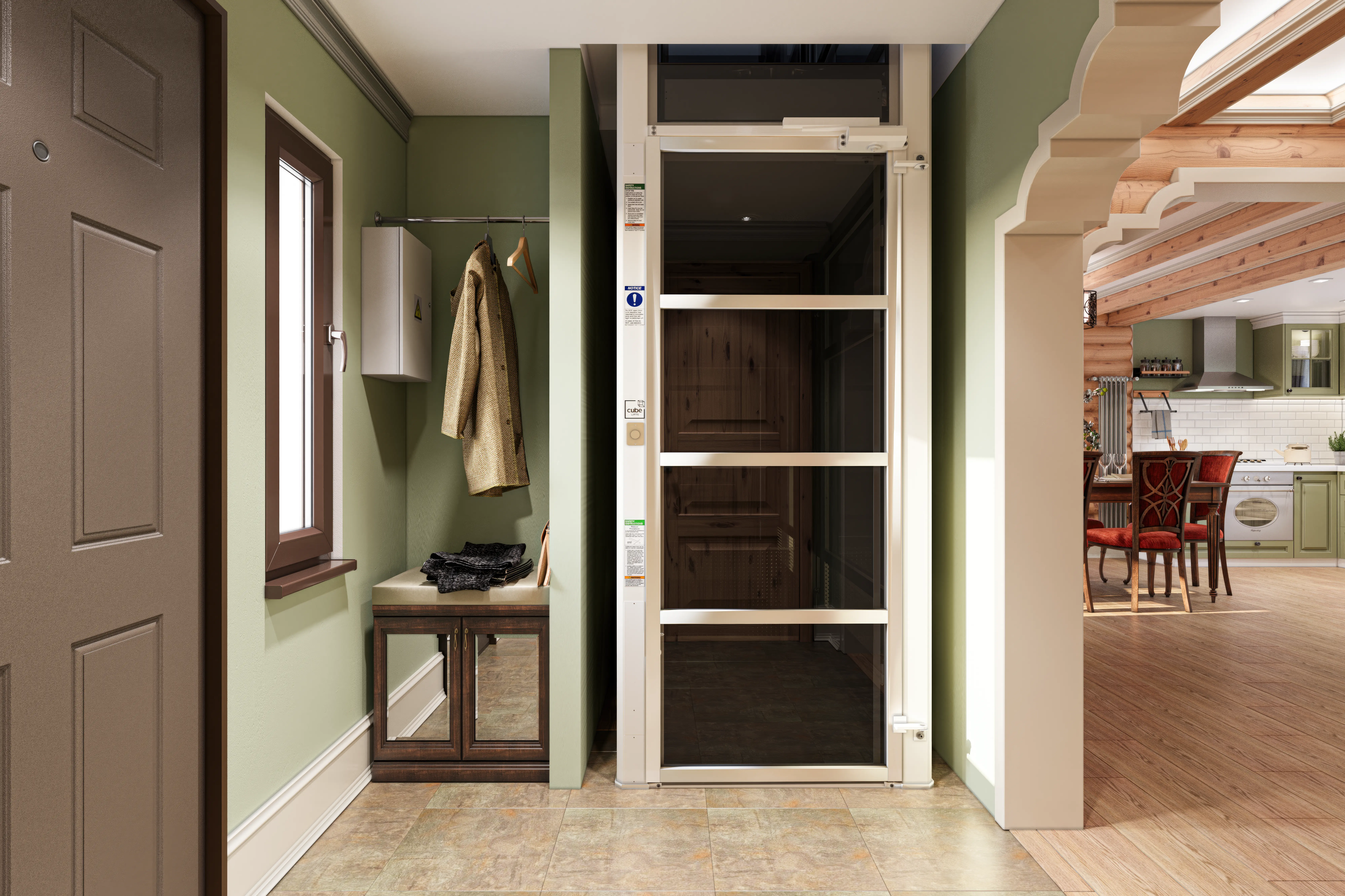 Cube home elevator with dark panels in a green entryway