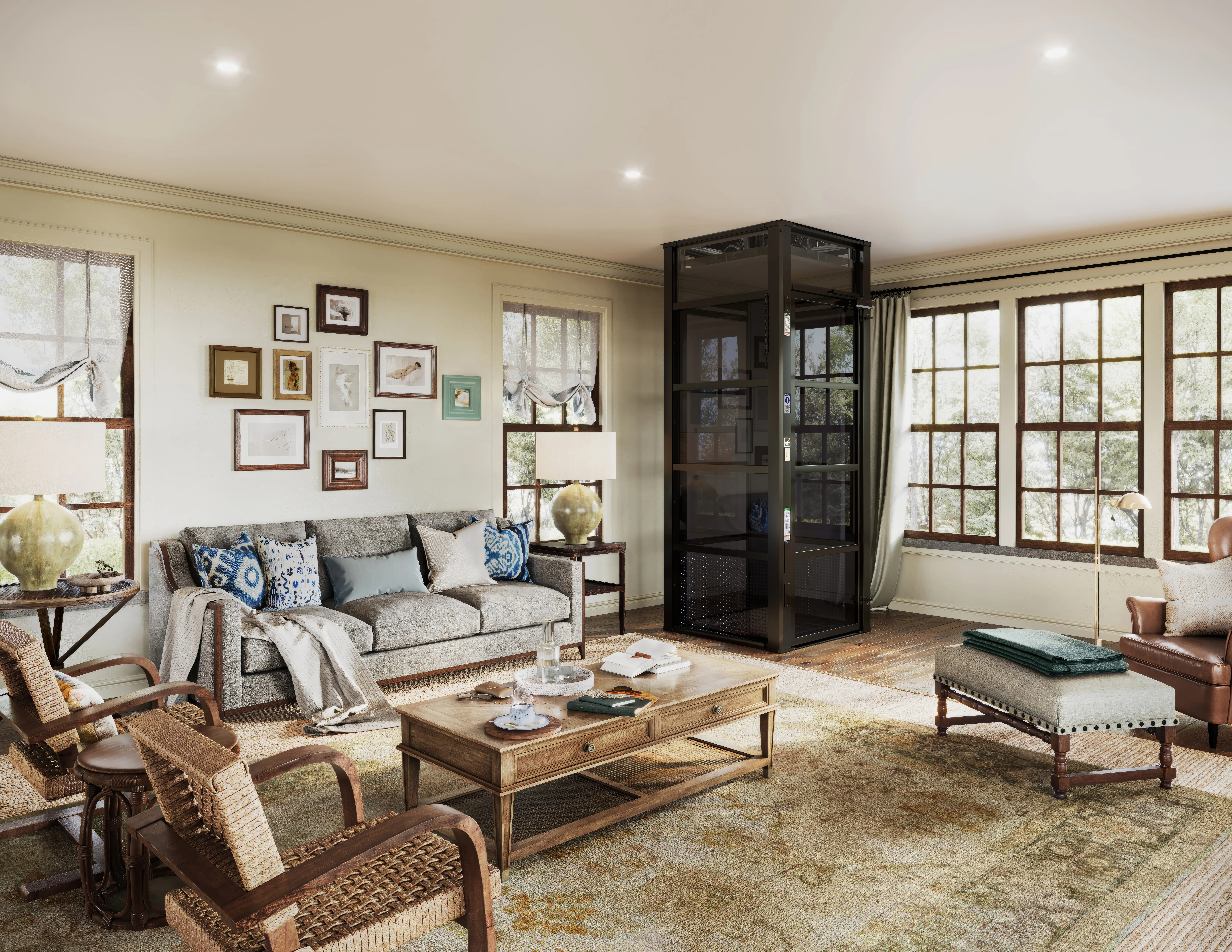 Black Cube home elevator in a traditional living room with a gallery wall