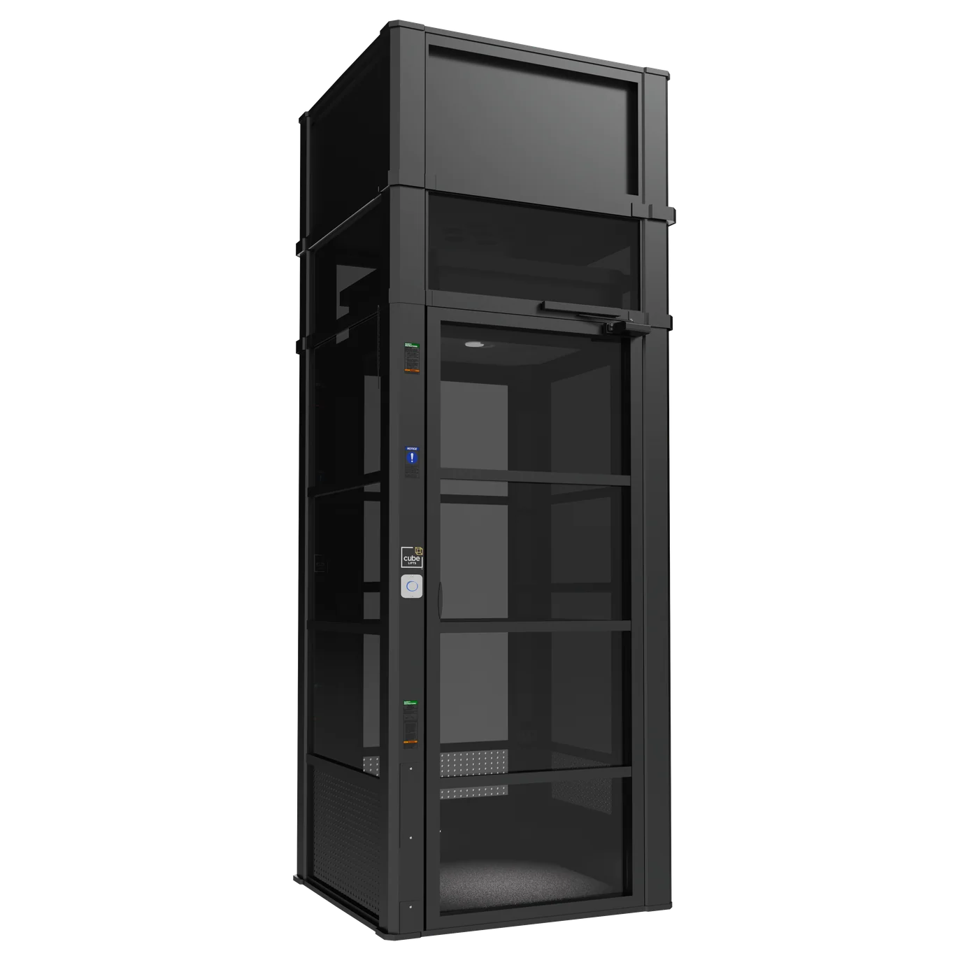 The Cube home elevator with black aluminum frame and smoked glass panels for existing homes
