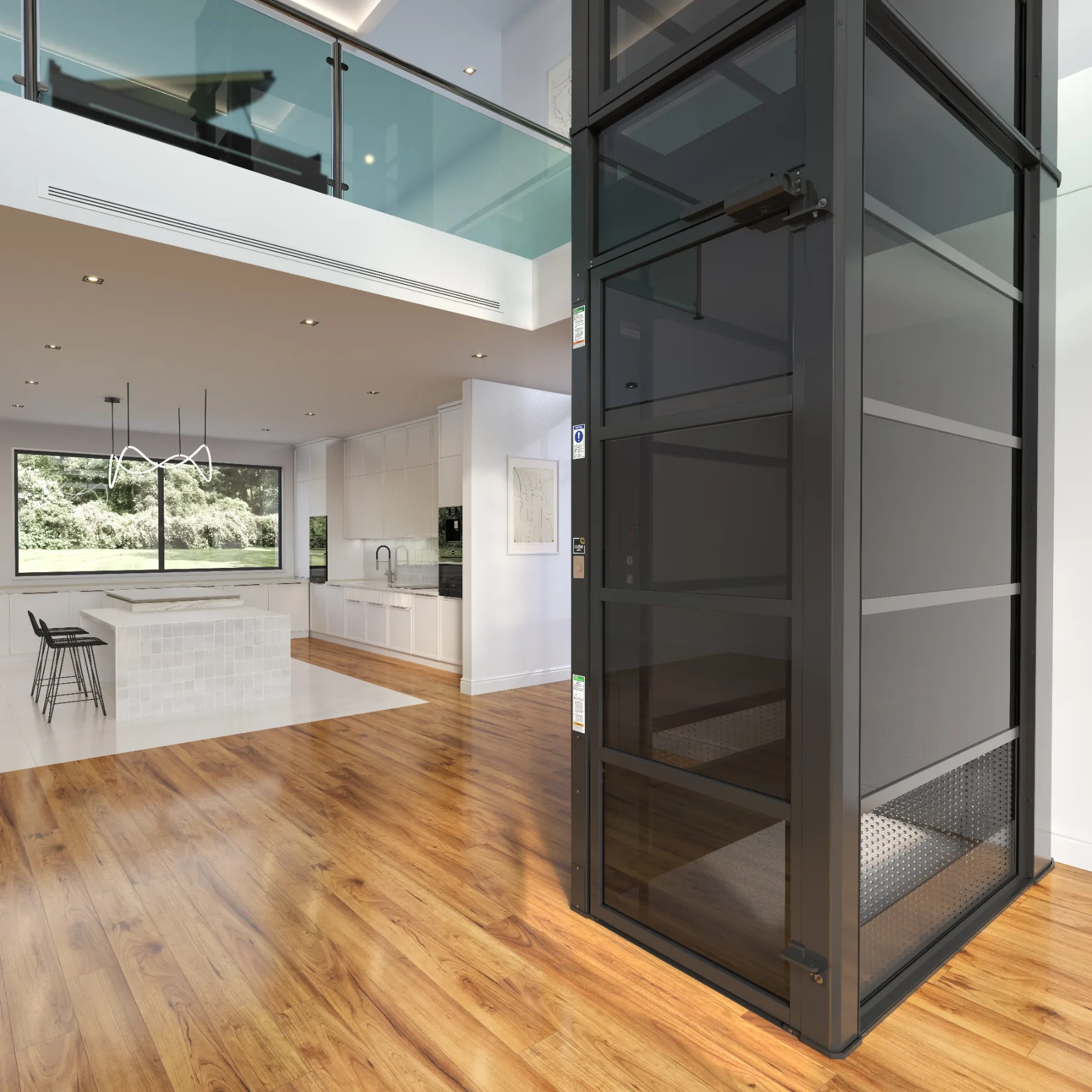 The Cube with smoked glass in an open plan home