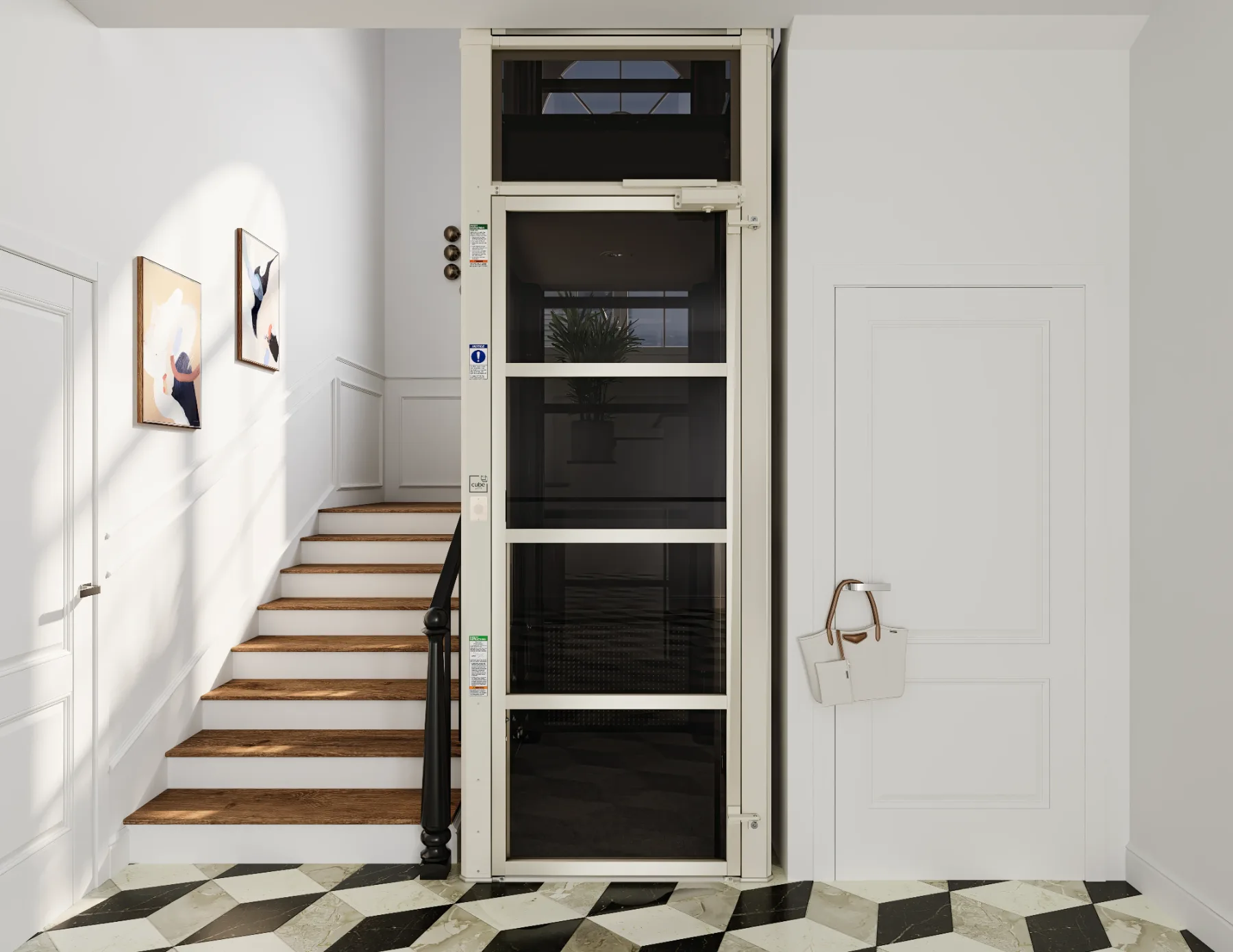 Home elevator with open door beside a staircase in a foyer with checkered marble floor