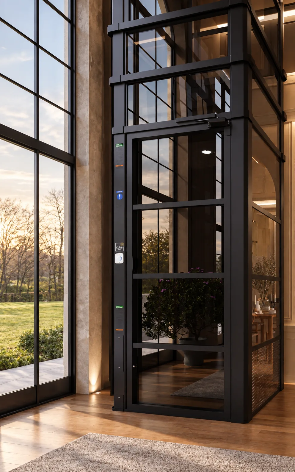 The Cube with black frame and smoked glass beside tall windows