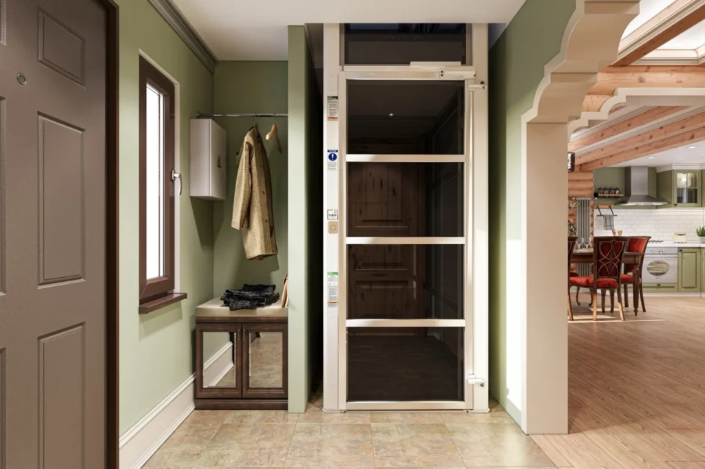 Custom built home elevator installed in an entryway between kitchen and foyer