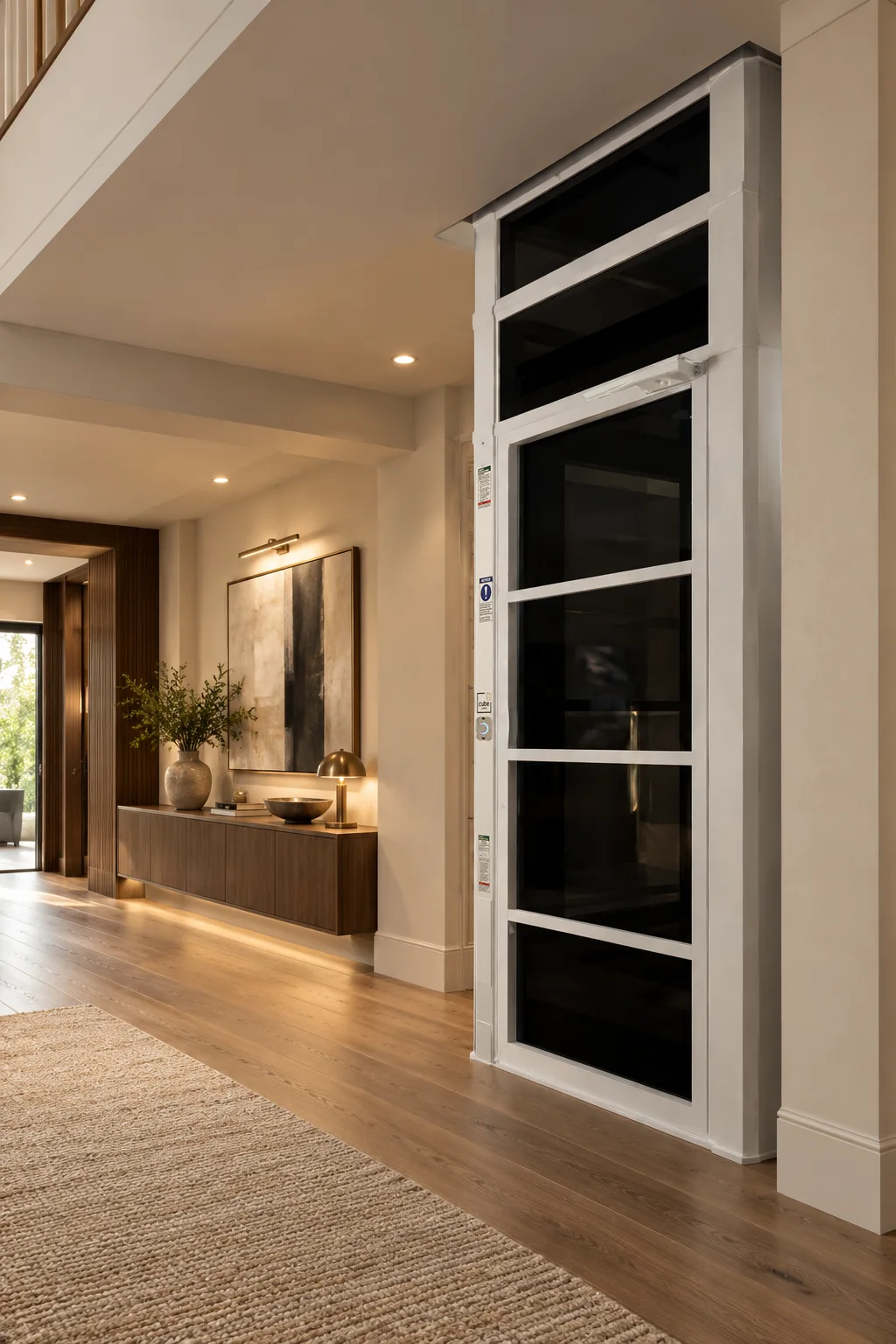 White framed Cube home elevator in a warm hallway with wood floors